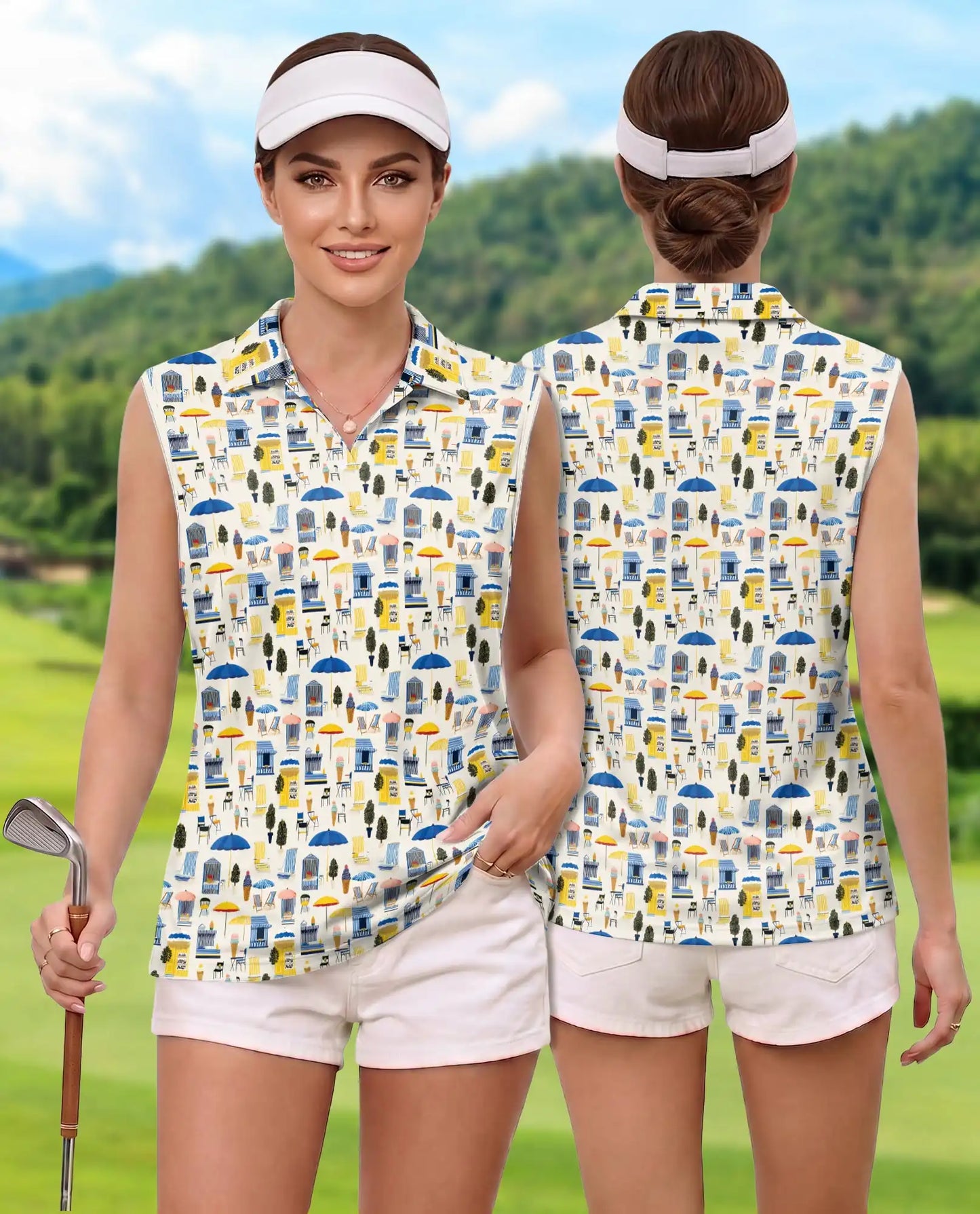Coastal Beach Scene Pattern Sleeveless Polo Shirt for Women  | Azhawaiian