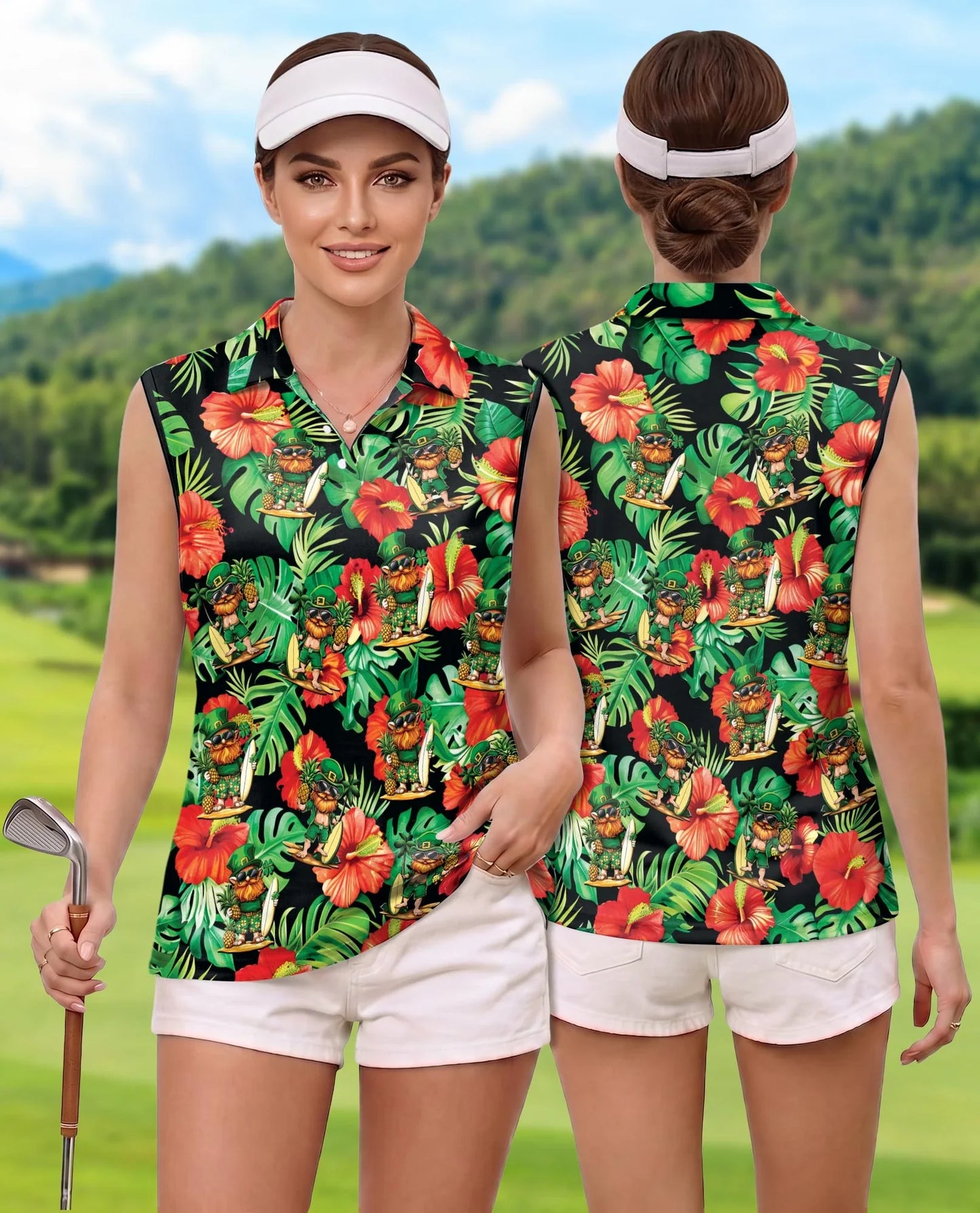 Funny Surfing Leprechaun Tropical Sleeveless Polo Shirt for Women | Azhawaiian