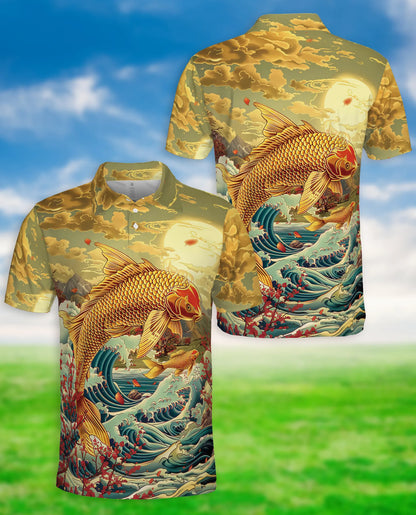 Golden Koi Fish 3D Polo Shirt for Men, Japanese Ocean Art Style | Azhawaiian
