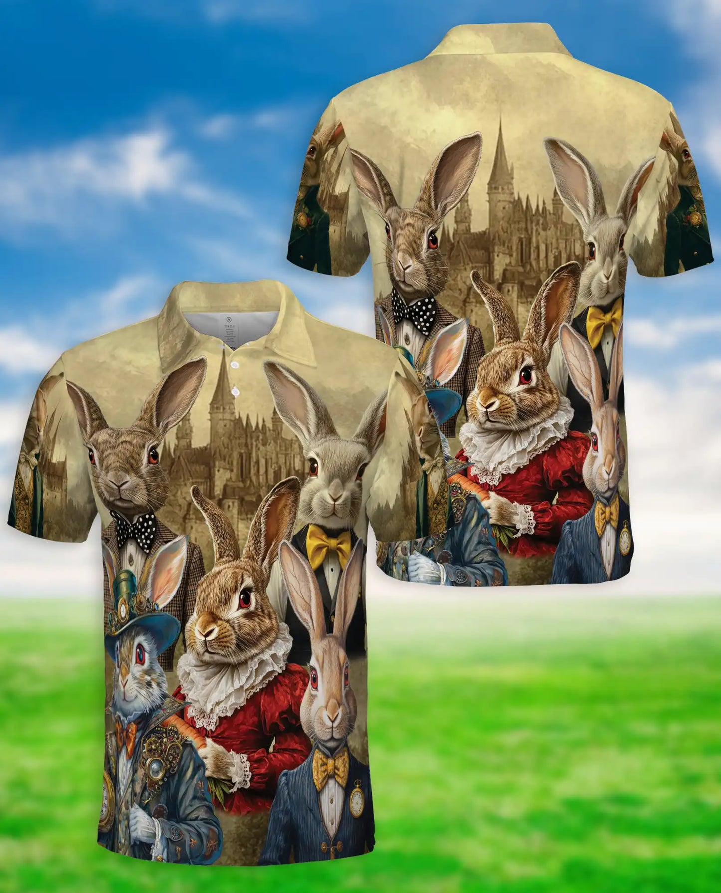 Vintage Rabbit 3D Polo Shirt for Men, Victorian Bunny Art Style | Azhawaiian