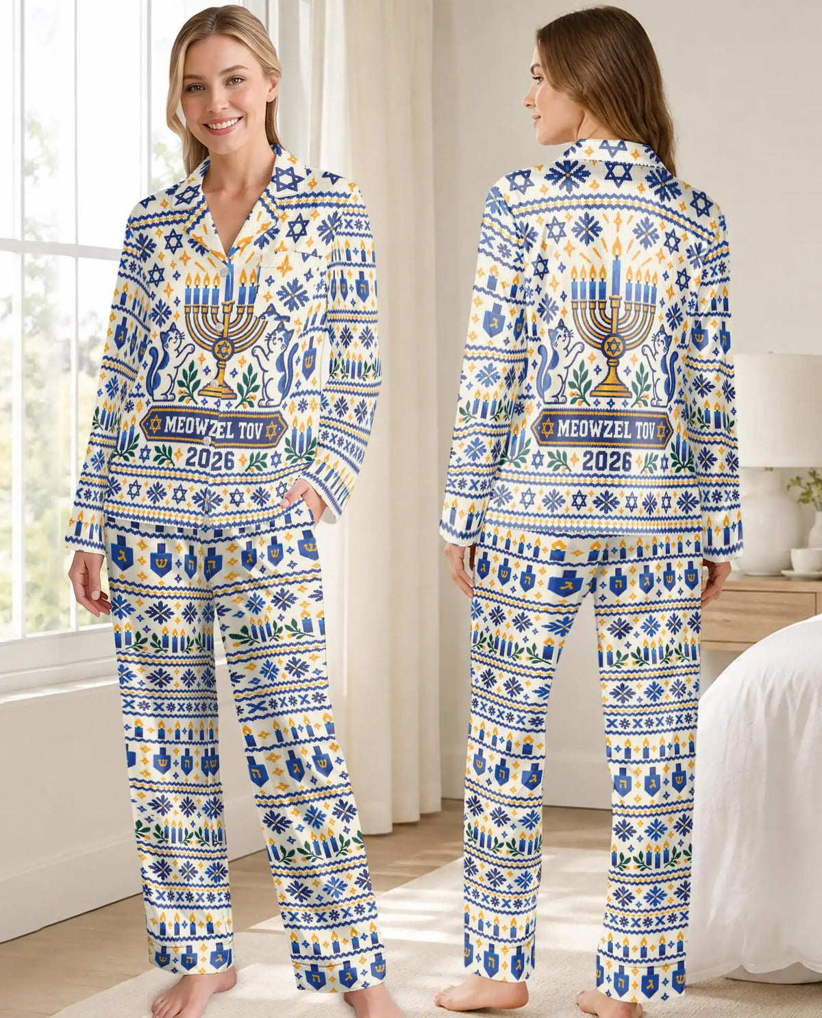 Personalized Hanukkah Cat Pajama Set for Women – Custom Name & Year Menorah Print