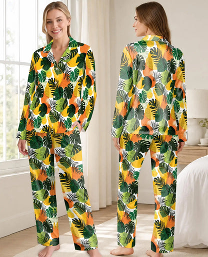 Tropical Leaf Pajama Set for Women – Monstera & Palm Leaves Print