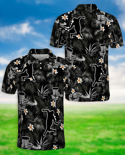 Disc Golf Tropical 3D Polo Shirt for Men, Black Floral Sports Style | Azhawaiian