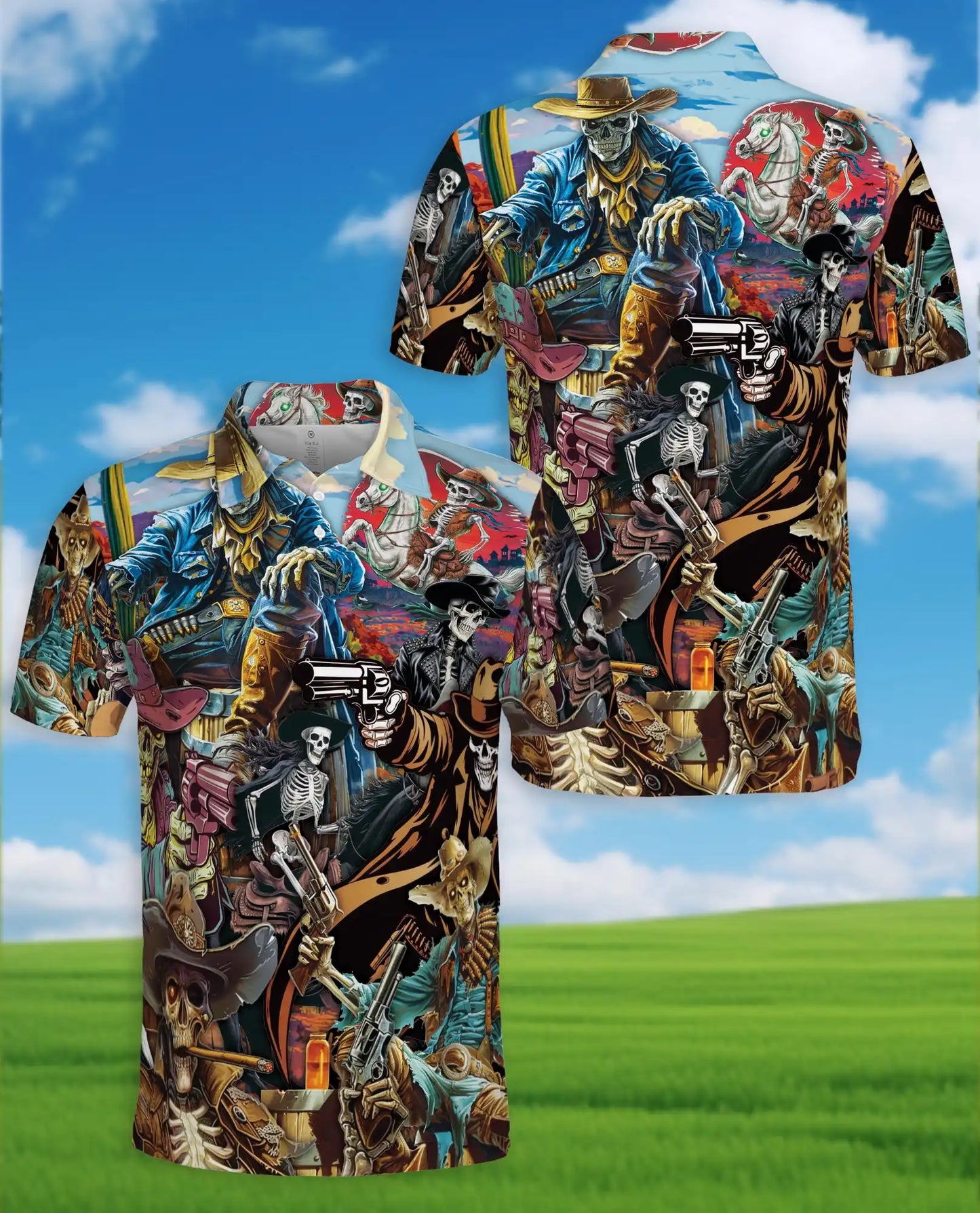 Skeleton Cowboy & Wild West Polo Shirt for Men, Azhawaiian