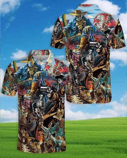 Skeleton Cowboy & Wild West Polo Shirt for Men, Azhawaiian