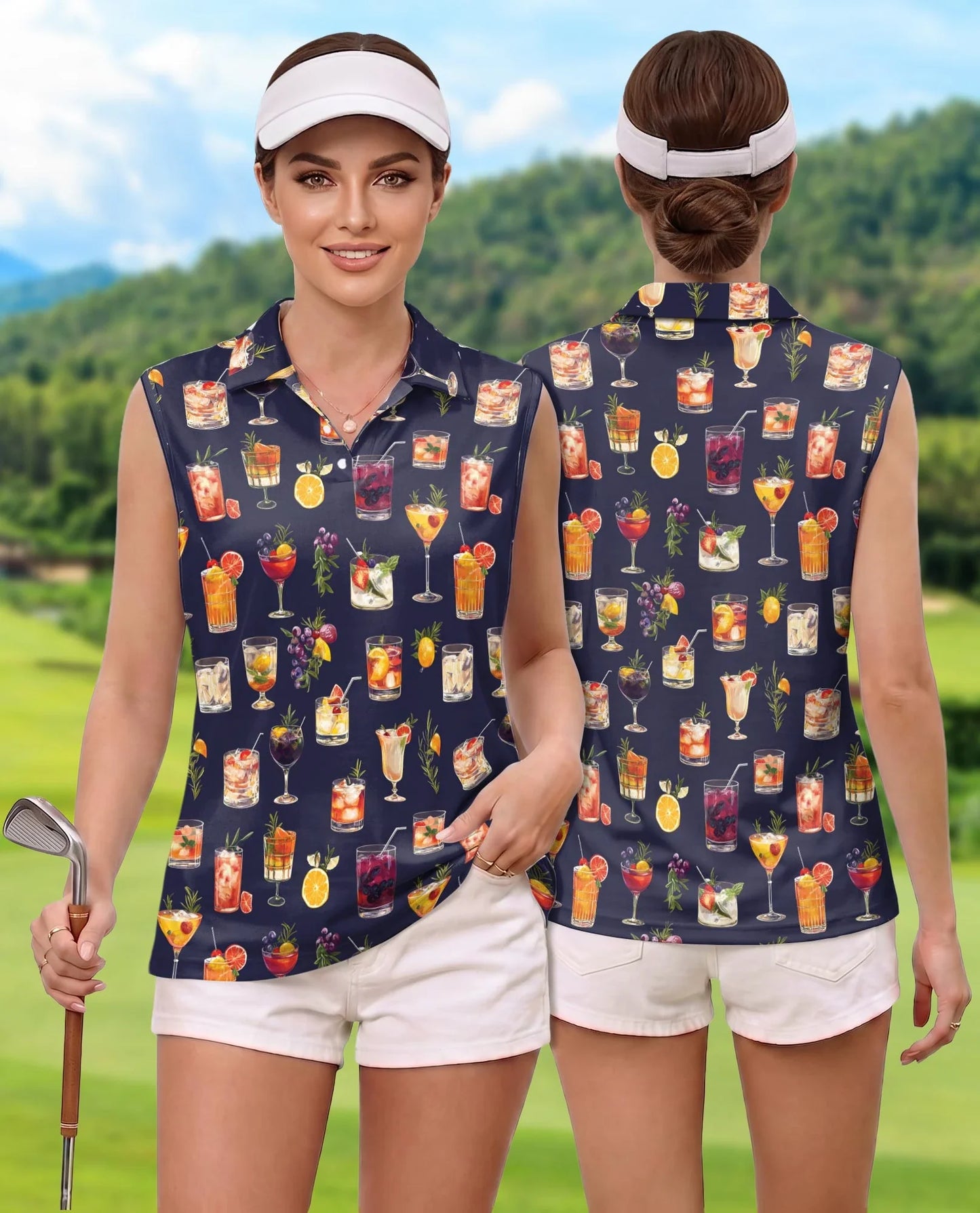 Summer Cocktails Sleeveless Polo Shirt for Women | Azhawaiian