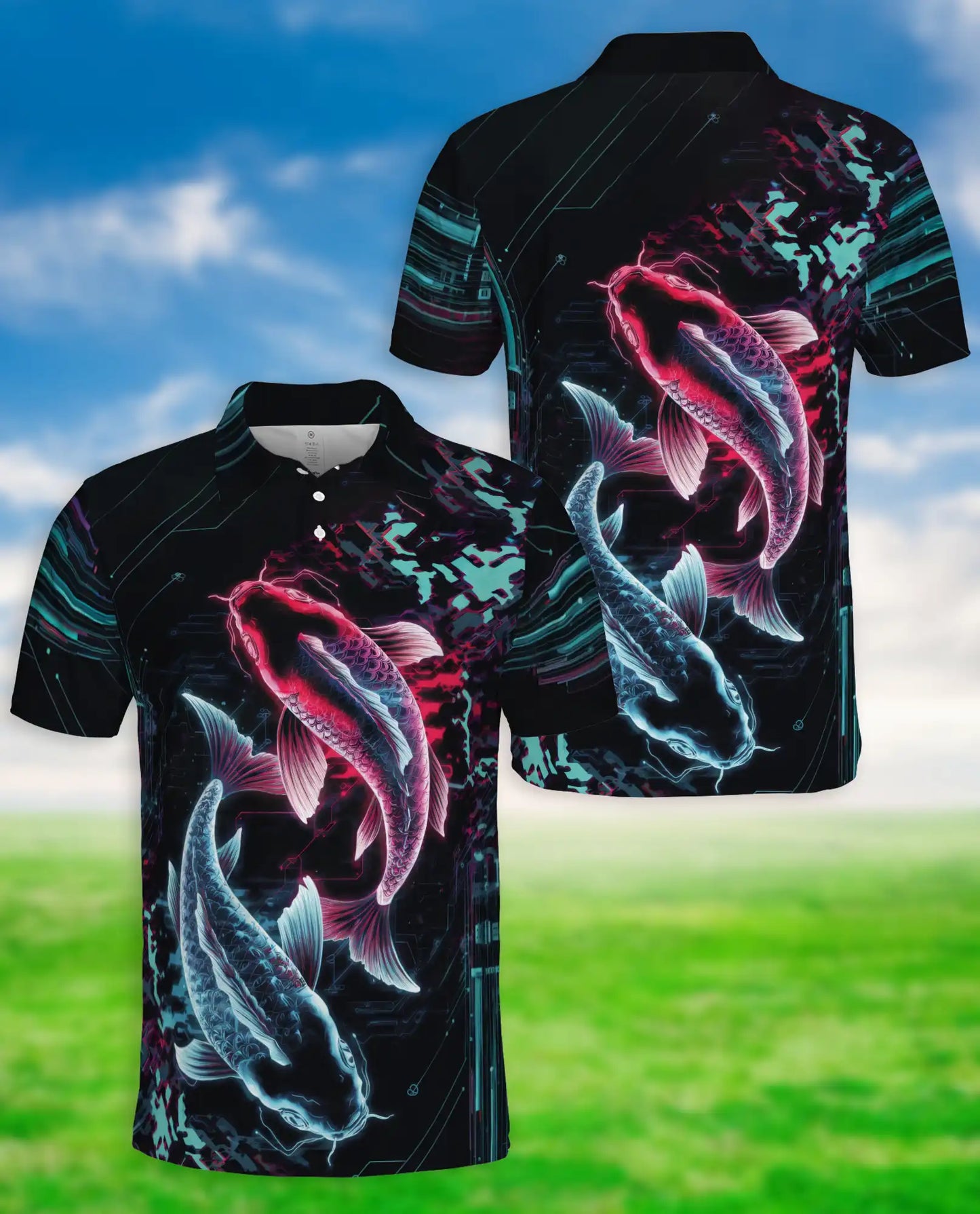 Koi Fish Polo Shirt, Neon Cyberpunk Print | Azhawaiian