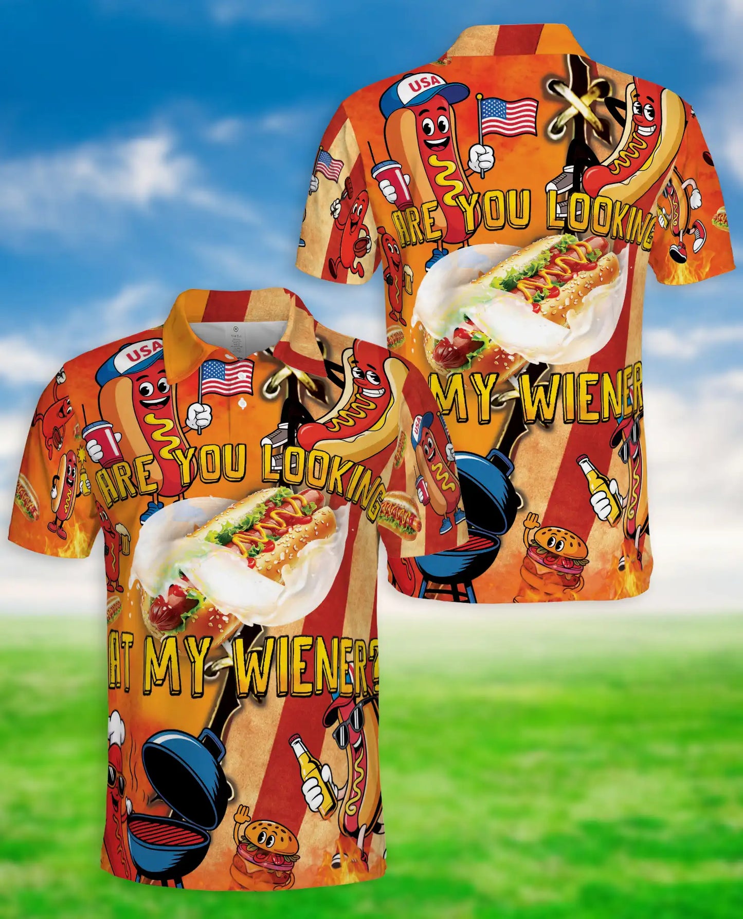 Funny Hot Dog Polo Shirt - Patriotic BBQ Party Style | Azhawaiian