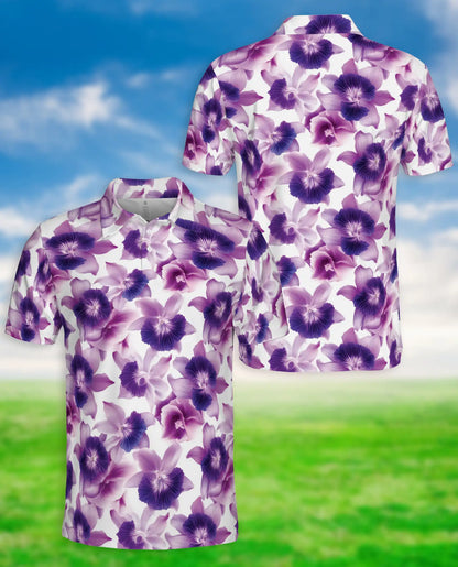 Purple Orchid Floral Polo Shirt for Men-Tropical Flower Botanical Summer | Azhawaiian