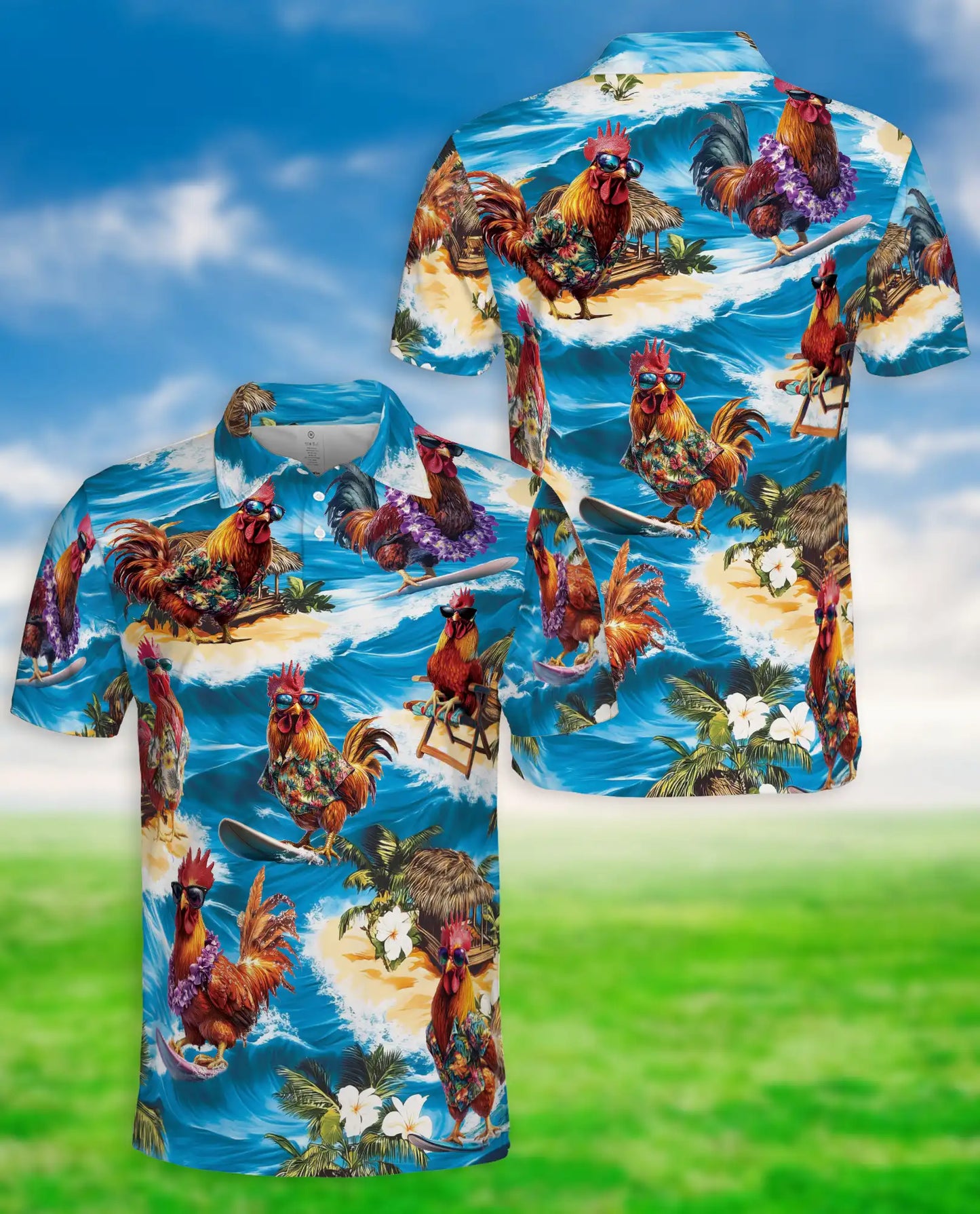 Surfing Rooster 3D Polo Shirt for Men, Funny Beach Chicken Style | Azhawaiian