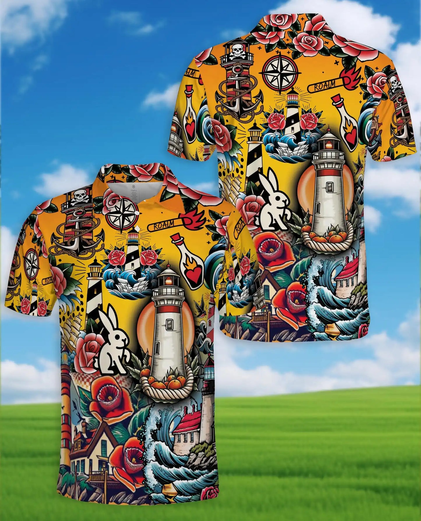 Nautical Tattoo Polo Shirt - Lighthouse Coastal Design | Azhawaiian