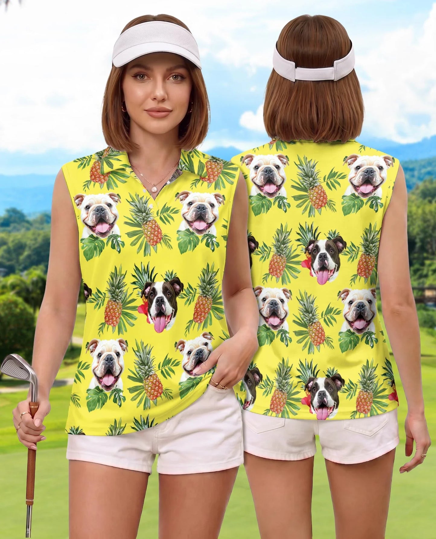 English Bulldog Tropical Sleeveless Polo Shirt for Women | Azhawaiian