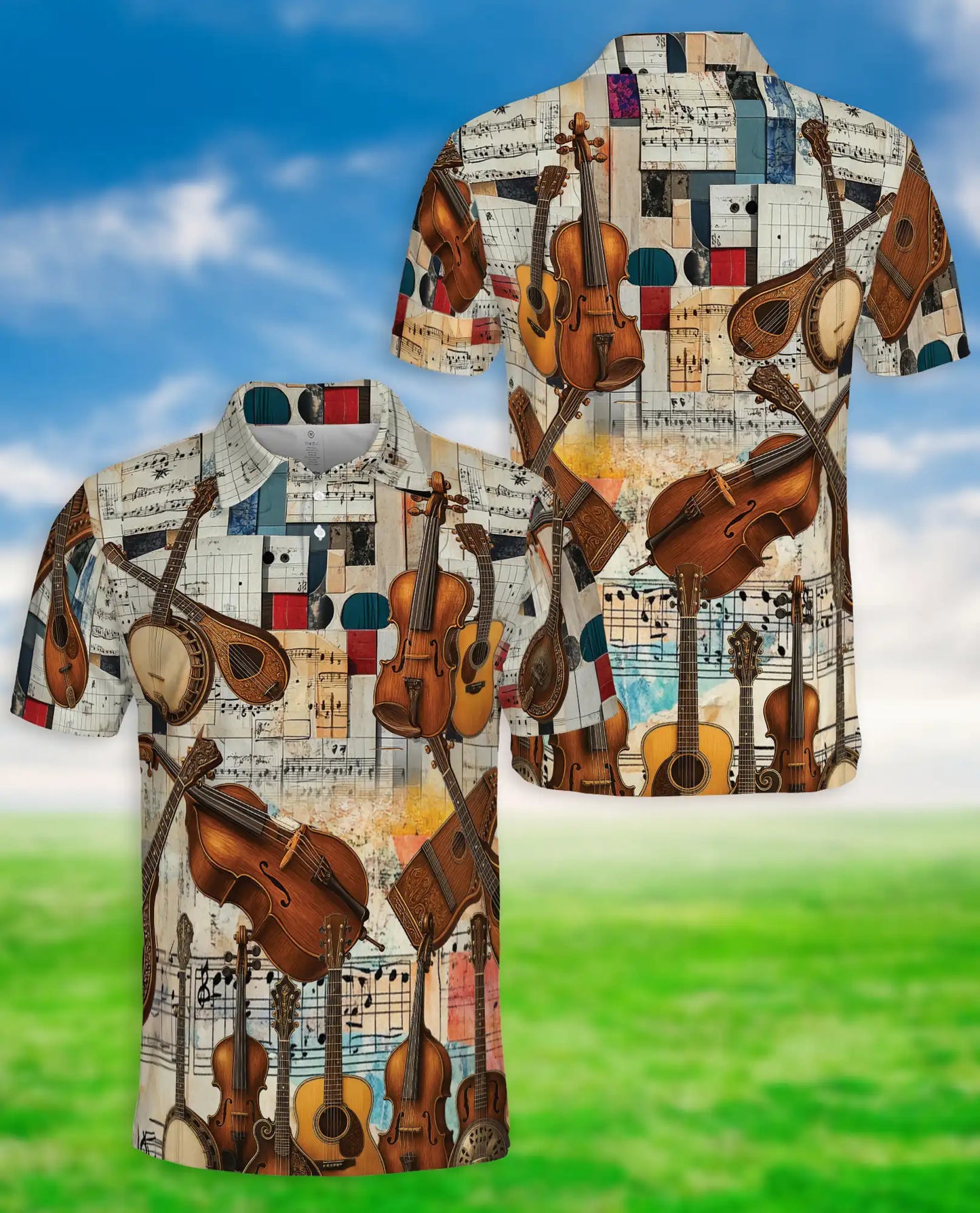 Vintage Music Polo Shirt, Instrument Collage Print | Azhawaiian