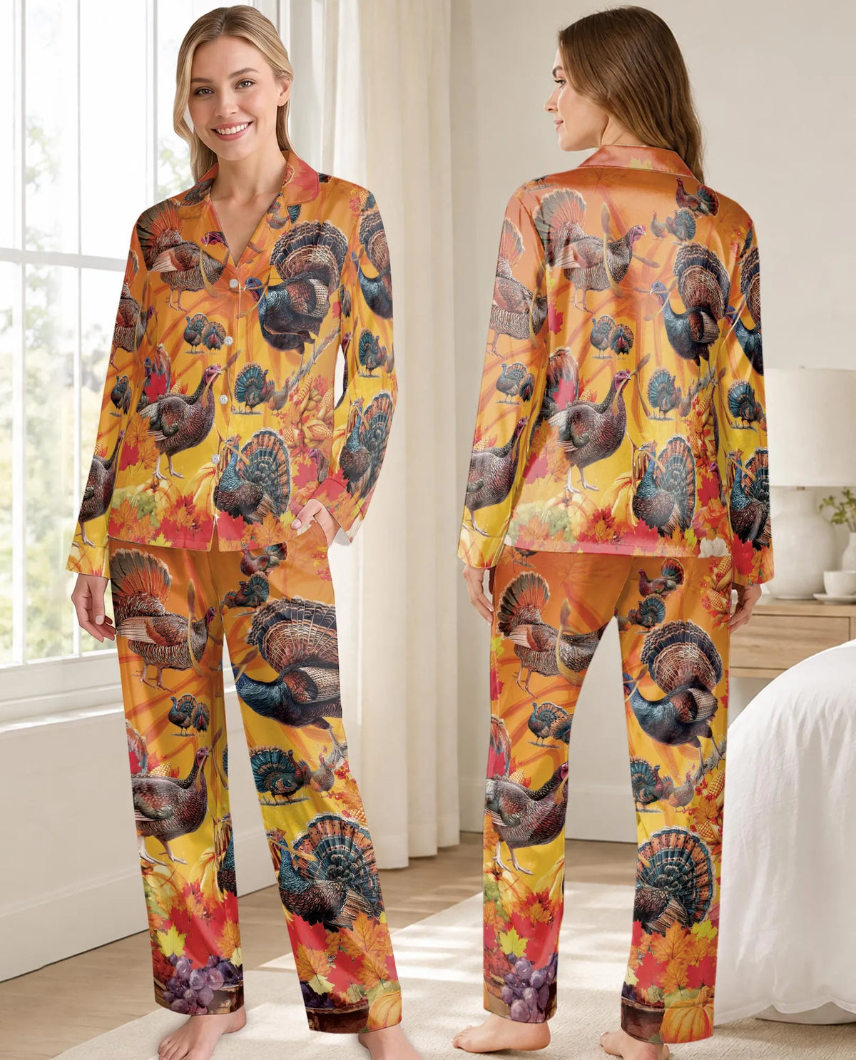 Thanksgiving Turkey Pajama Set for Women, Autumn Fall Holiday Sleepwear