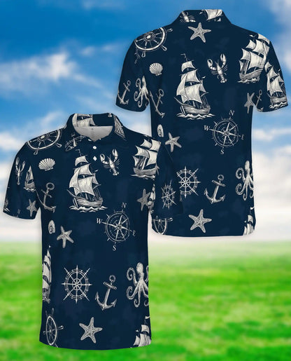 Nautical Sailing Polo Shirt, Vintage Ocean Print | Azhawaiian