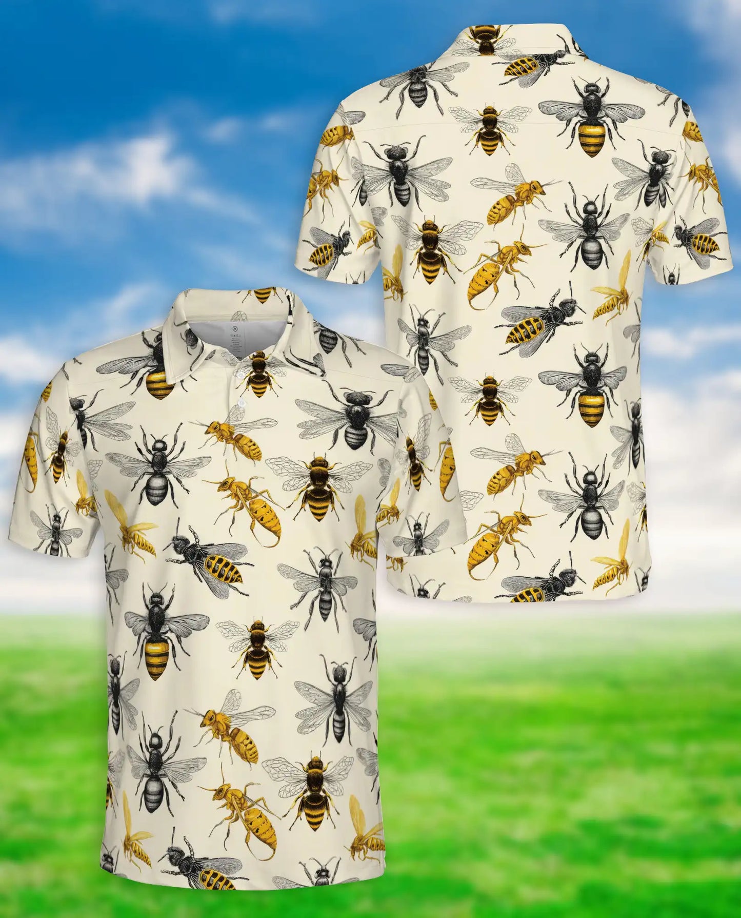 Bee Polo Shirt, Vintage Pollinator Insect Print | Azhawaiian