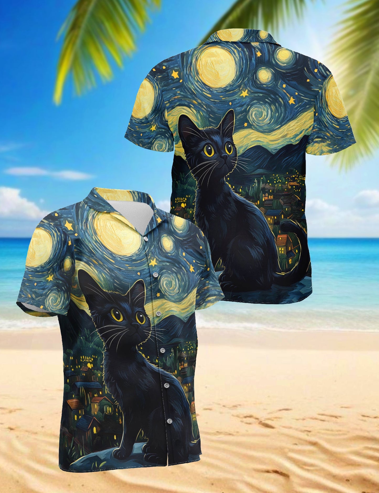 Starry Night Cat Hawaiian Shirt for Men, Button Down Aloha Shirt - Azhawaiian