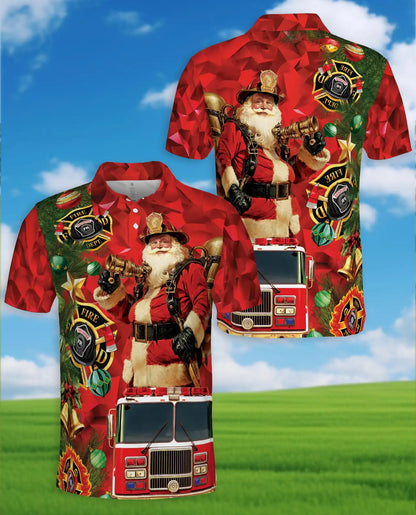 Firefighter Santa Christmas Polo Shirt, Fire Truck Holiday Style | Azhawaiian