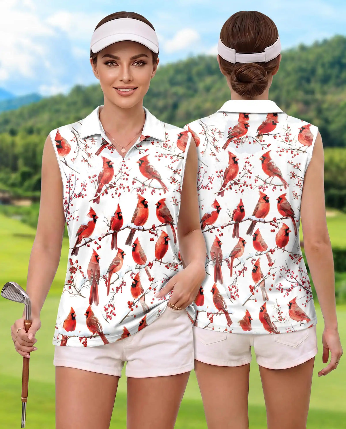 Cardinal Bird Sleeveless Polo Shirt for Women, Elegant Wildlife Nature Style