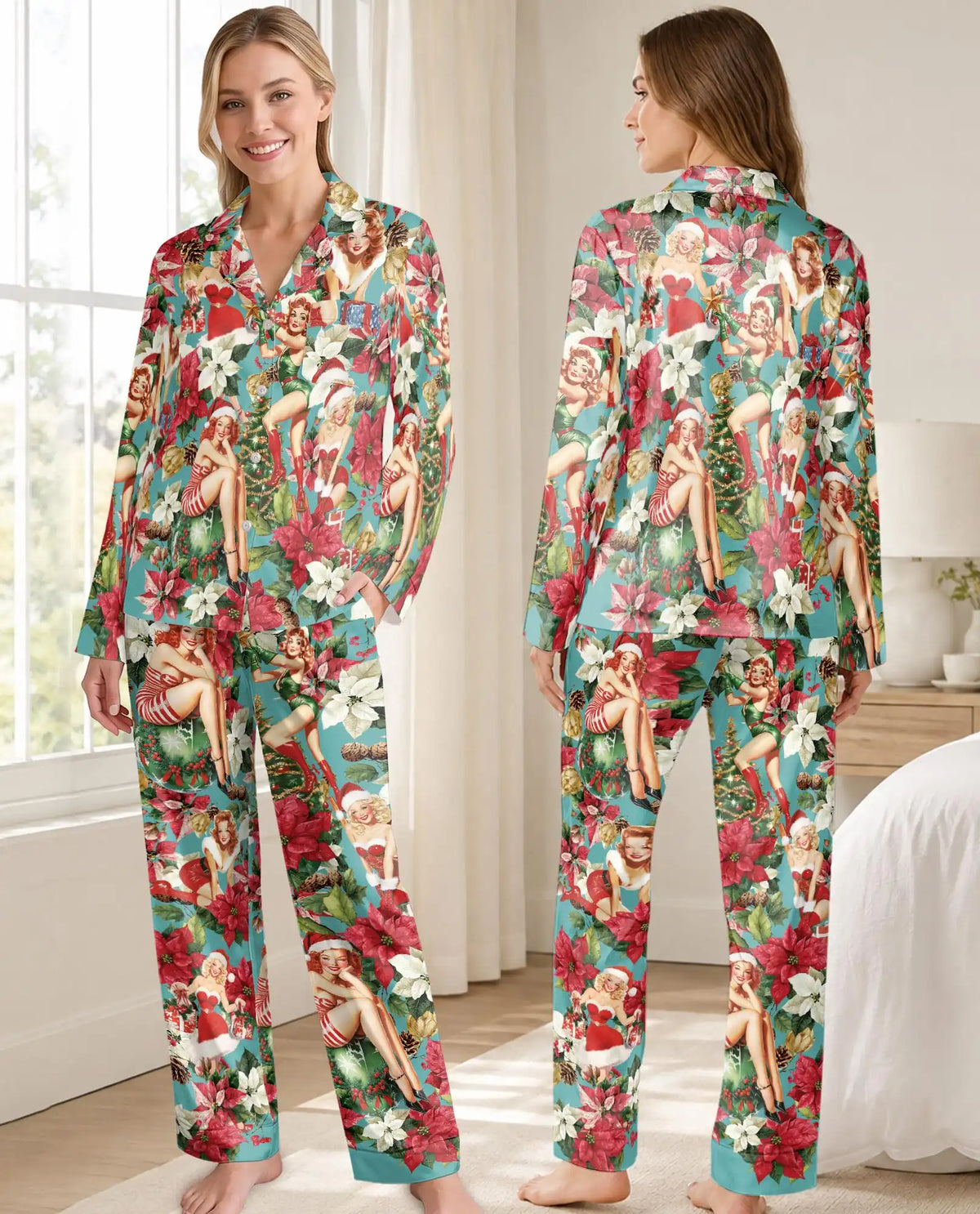 Retro Christmas Pin-Up Pajama Set for Women – Vintage Holiday Print