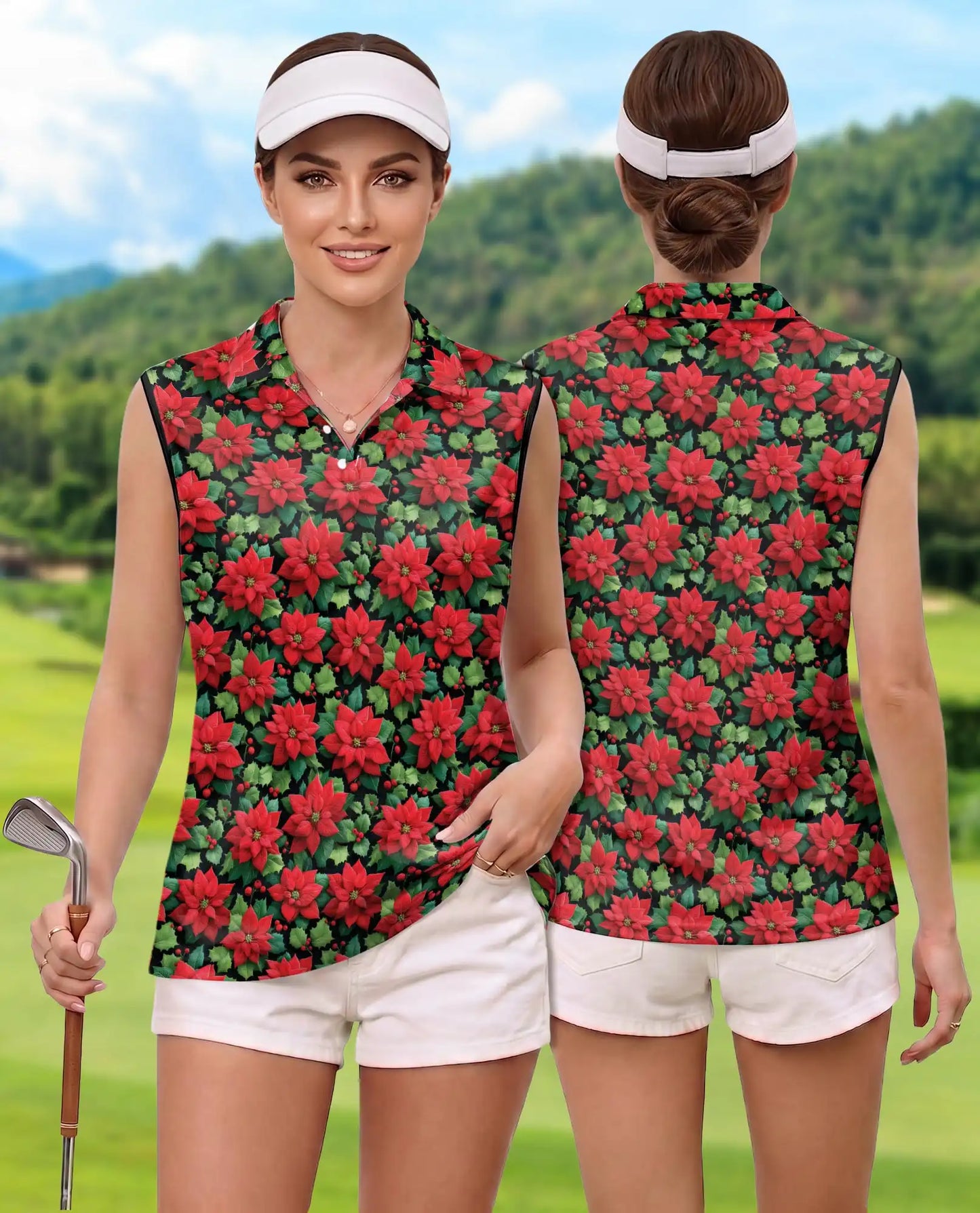 Red Poinsettia Pattern Sleeveless Polo Shirt for Women| Azhawaiian