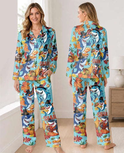 Thanksgiving Shark Pajama Set for Women – Funny Fall Print