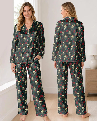 Gothic Christmas Skull Pajama Set for Women – Gold Skull Print