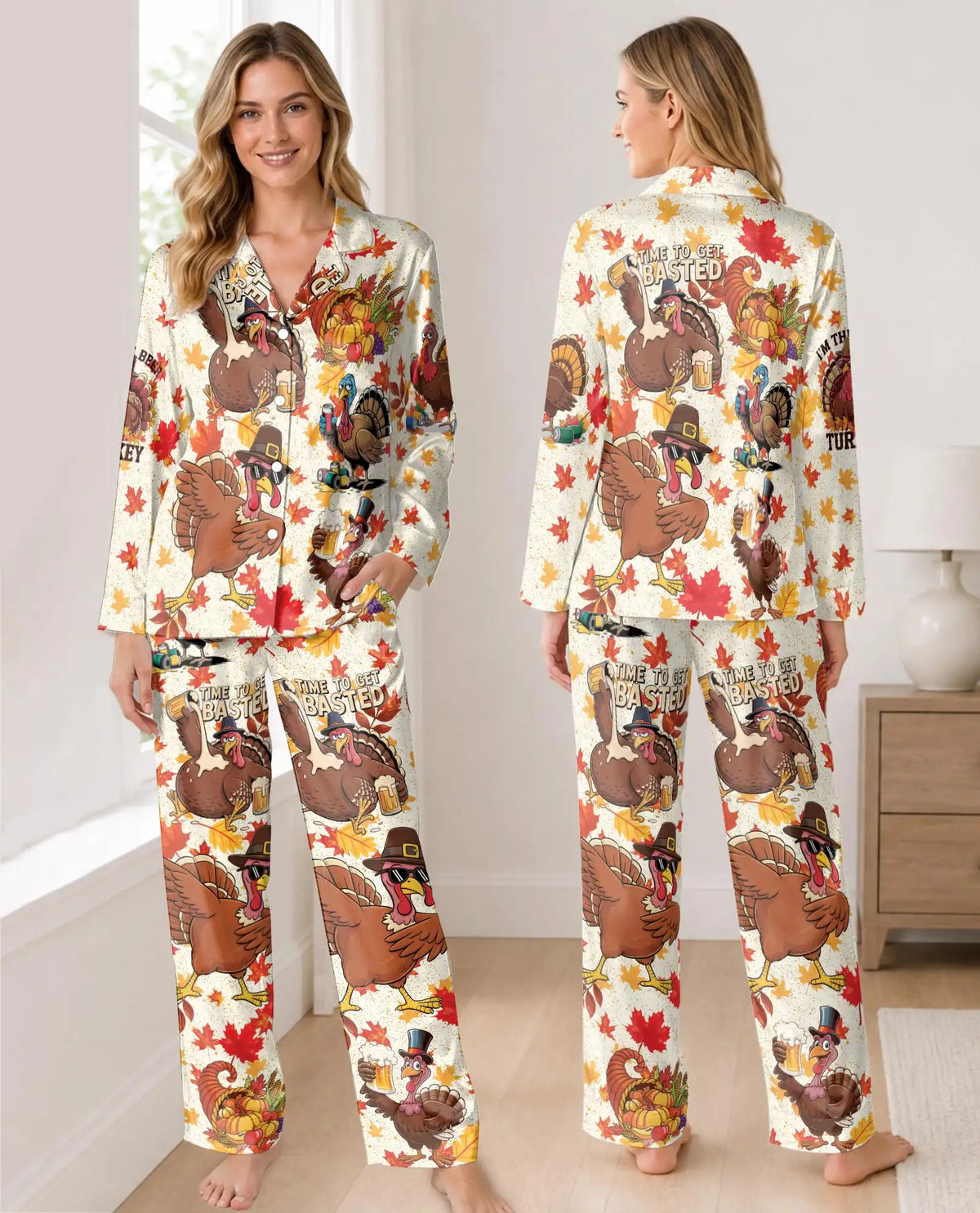 Funny Thanksgiving Turkey Pajama Set for Women – Beer & Fall Print