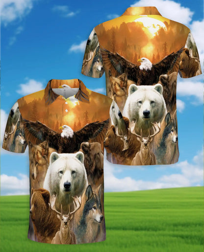 Wild Animal Forest Polo Shirt for Men, Majestic Wildlife Print | Azhawaiian