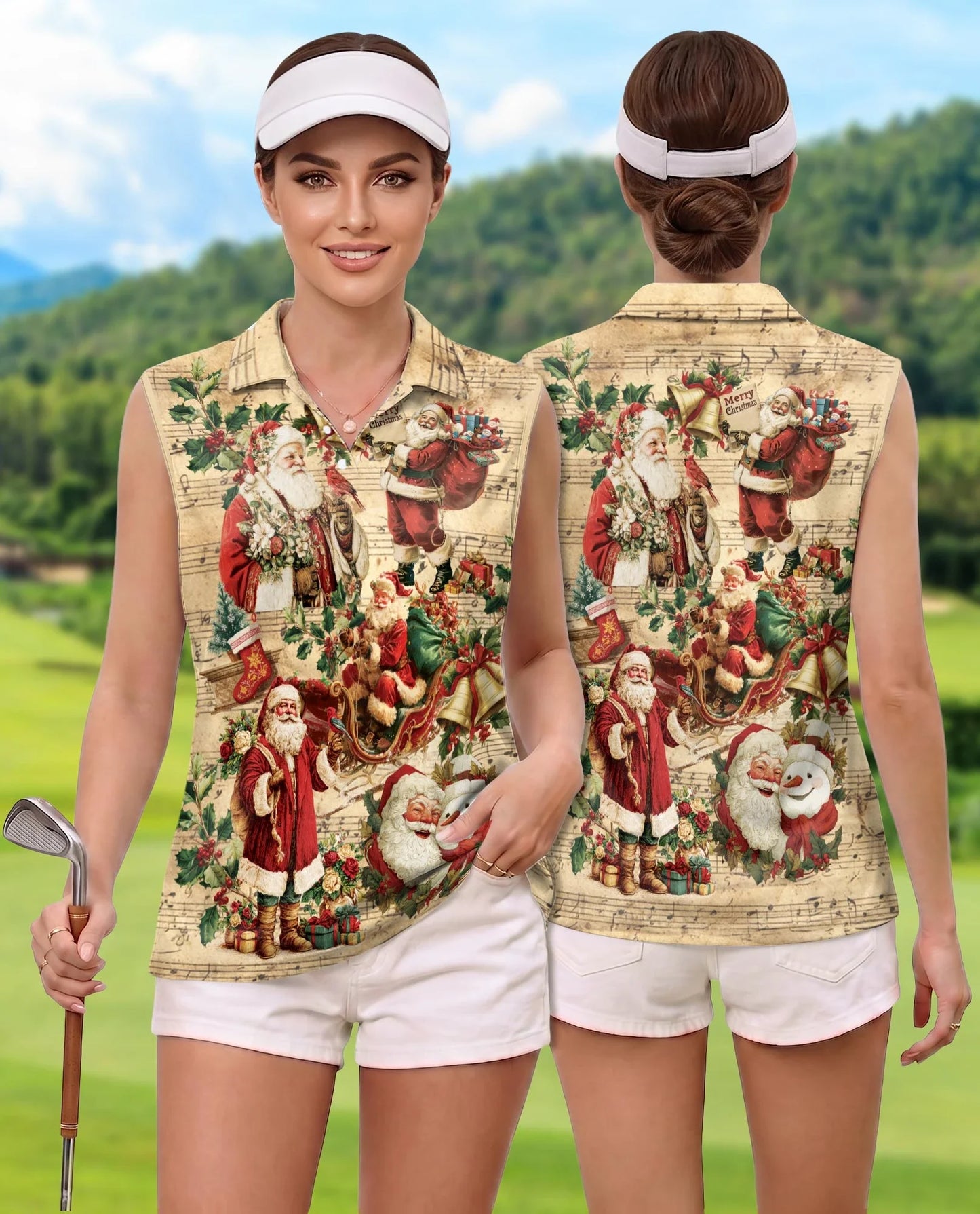 Vintage Music Santa Sleeveless Polo Shirt for Women, Christmas Holiday Style | Azhawaiian