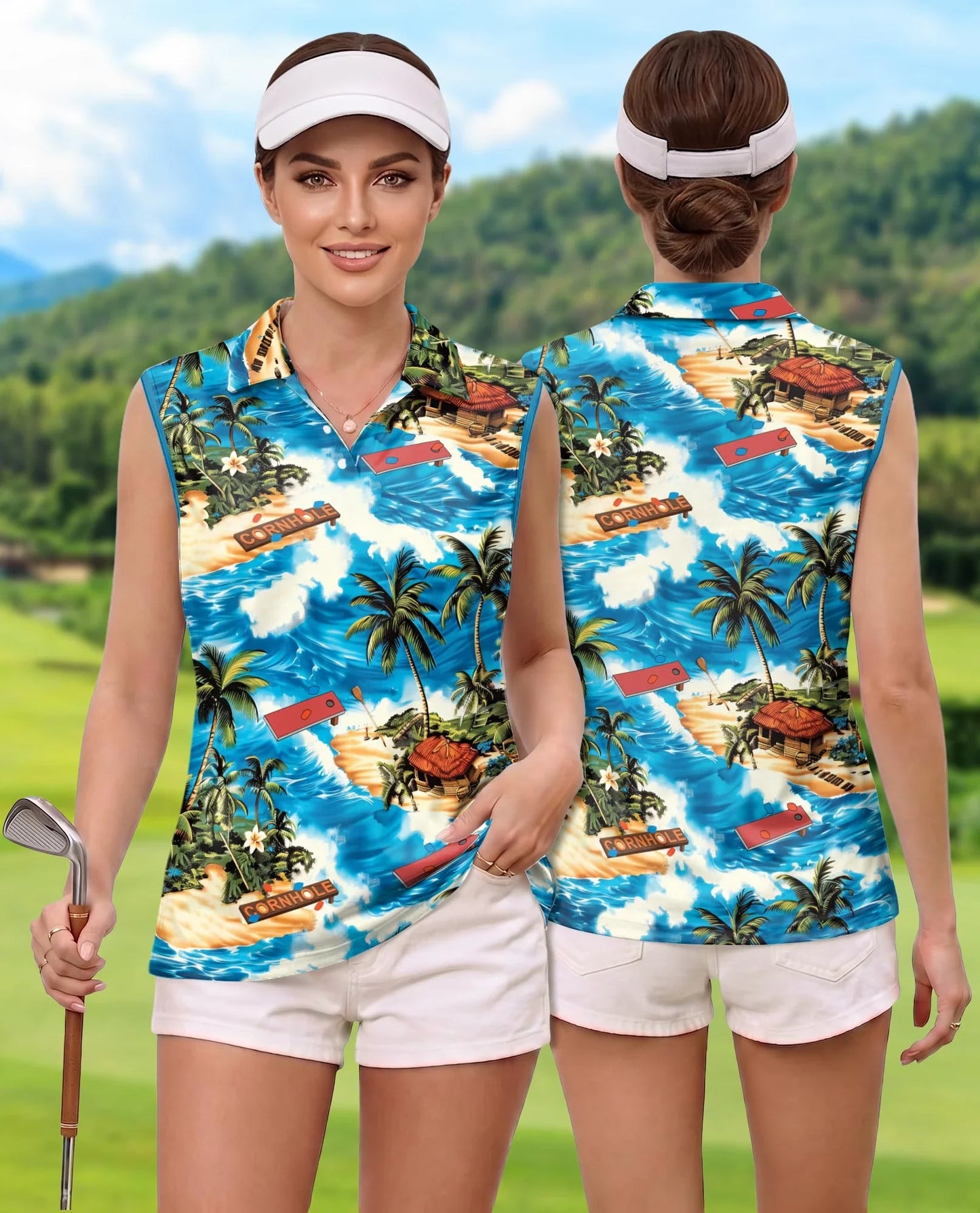 Tropical Cornhole Sleeveless Polo Shirt for Women | Azhawaiian