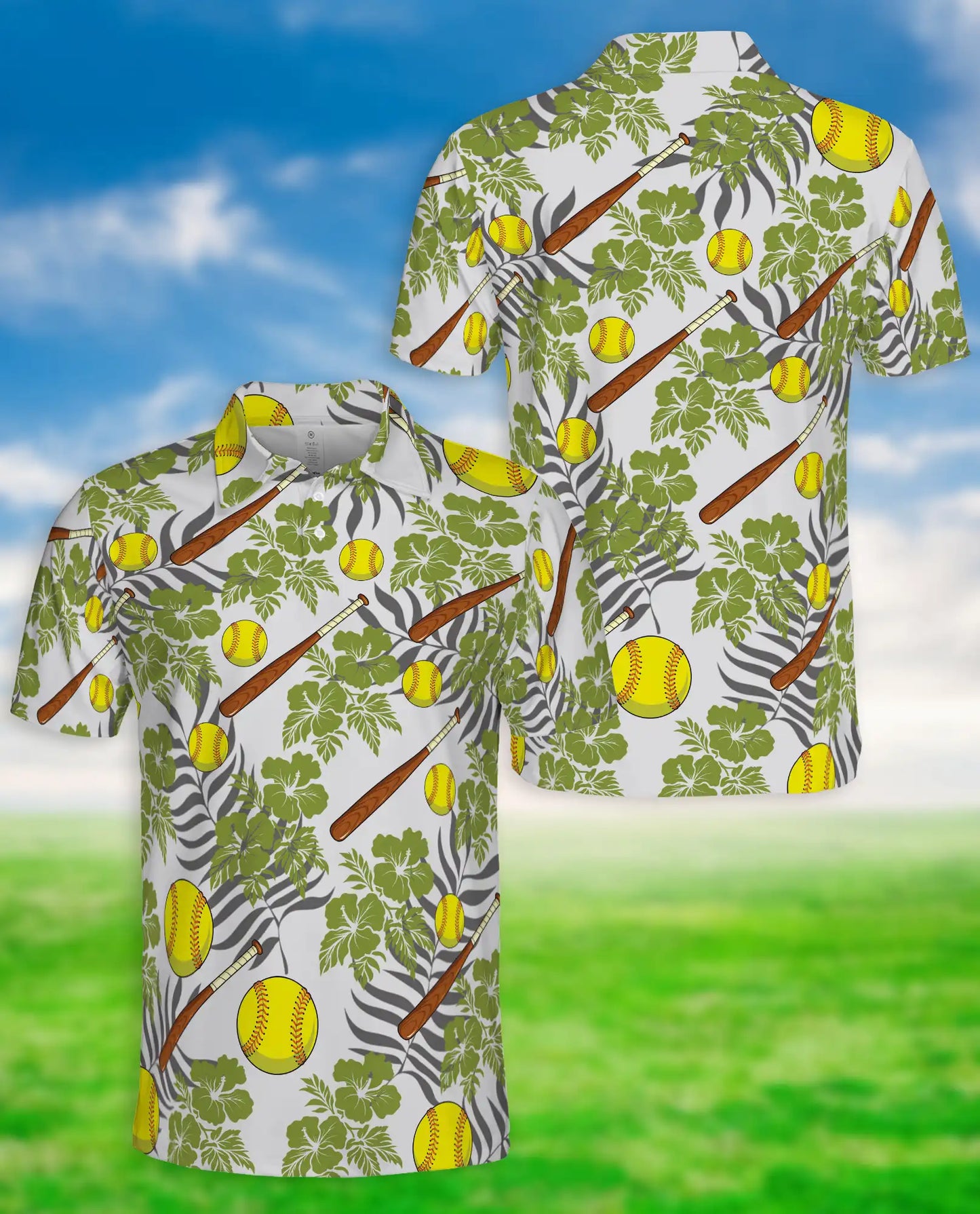 Softball Tropical 3D Polo Shirt for Men, Bat and Ball Summer Style | Azhawaiian