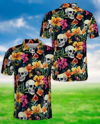 Tropical Skull Floral Polo Shirt -Gothic Botanical Print | Azhawaiian