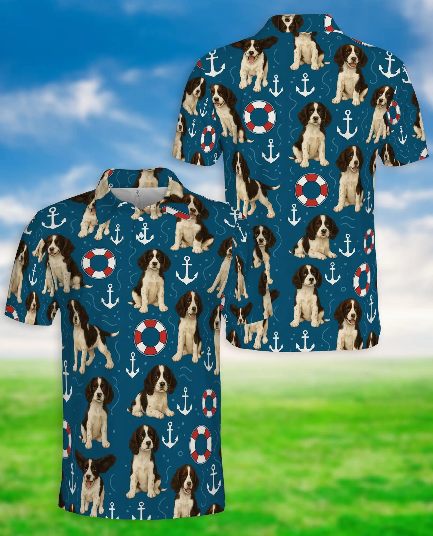 Springer Spaniel Nautical Polo Shirt, Coastal Dog Print | Azhawaiian