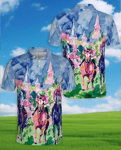 Horse Racing Art Polo Shirt, Colorful Derby Style | Azhawaiian