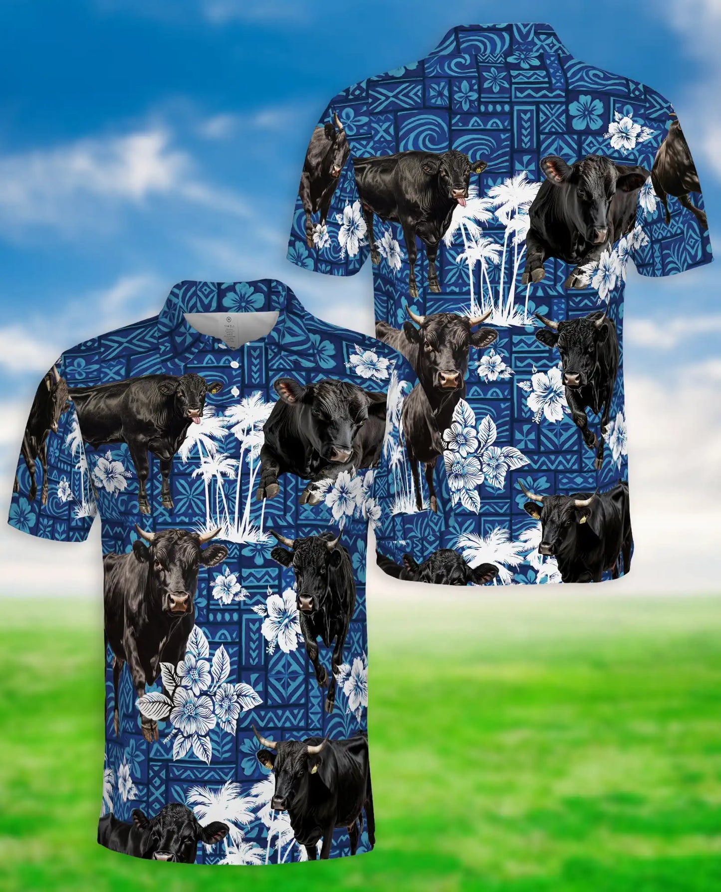 Black Cow Tropical Polo Shirt, Island Floral Print | Azhawaiian