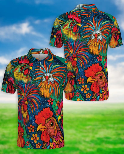 Colorful Rooster Polo Shirt, Folk Art Farm Print | Azhawaiian
