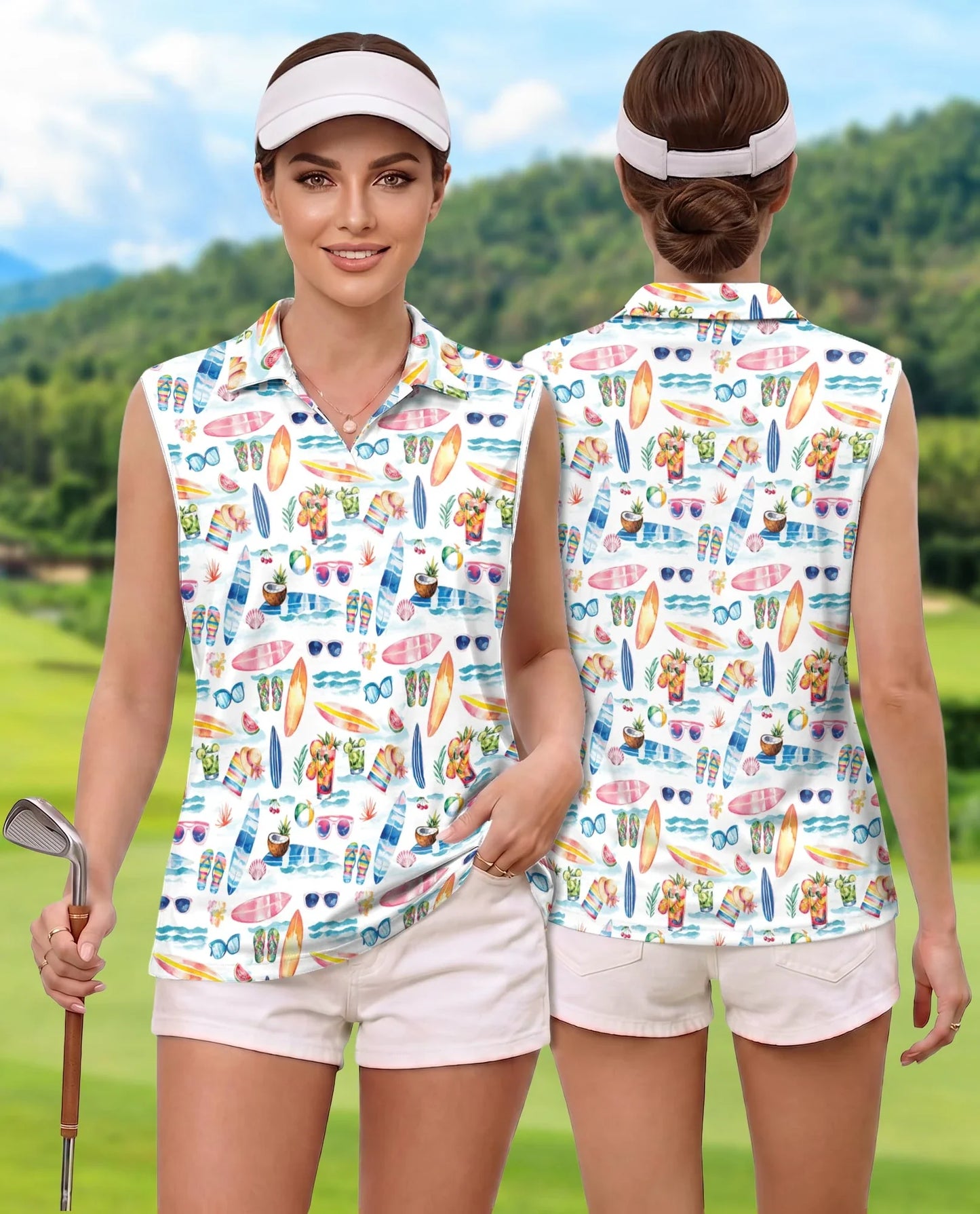 Colorful Tropical Surf Beach Sleeveless Polo Shirt for Women | Azhawaiian