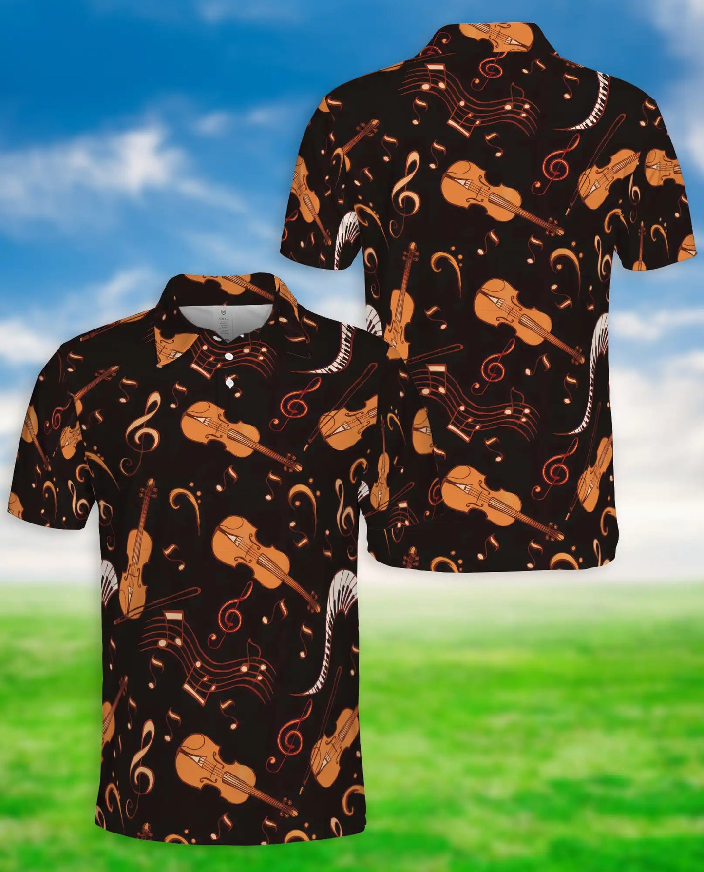 Violin Music Notes 3D Polo Shirt for Men, Classical Orchestra Style | Azhawaiian