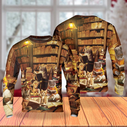 Library Cats Reading Books Sweatshirt – Colorful Graphic 3D All Over Print Design