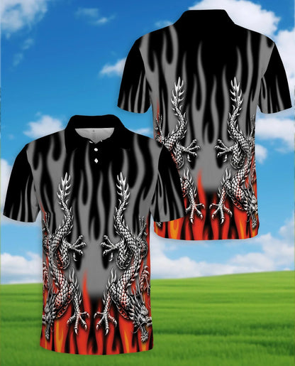 Fire Dragon Polo Shirt for Men, Flaming Fantasy Design | Azhawaiian