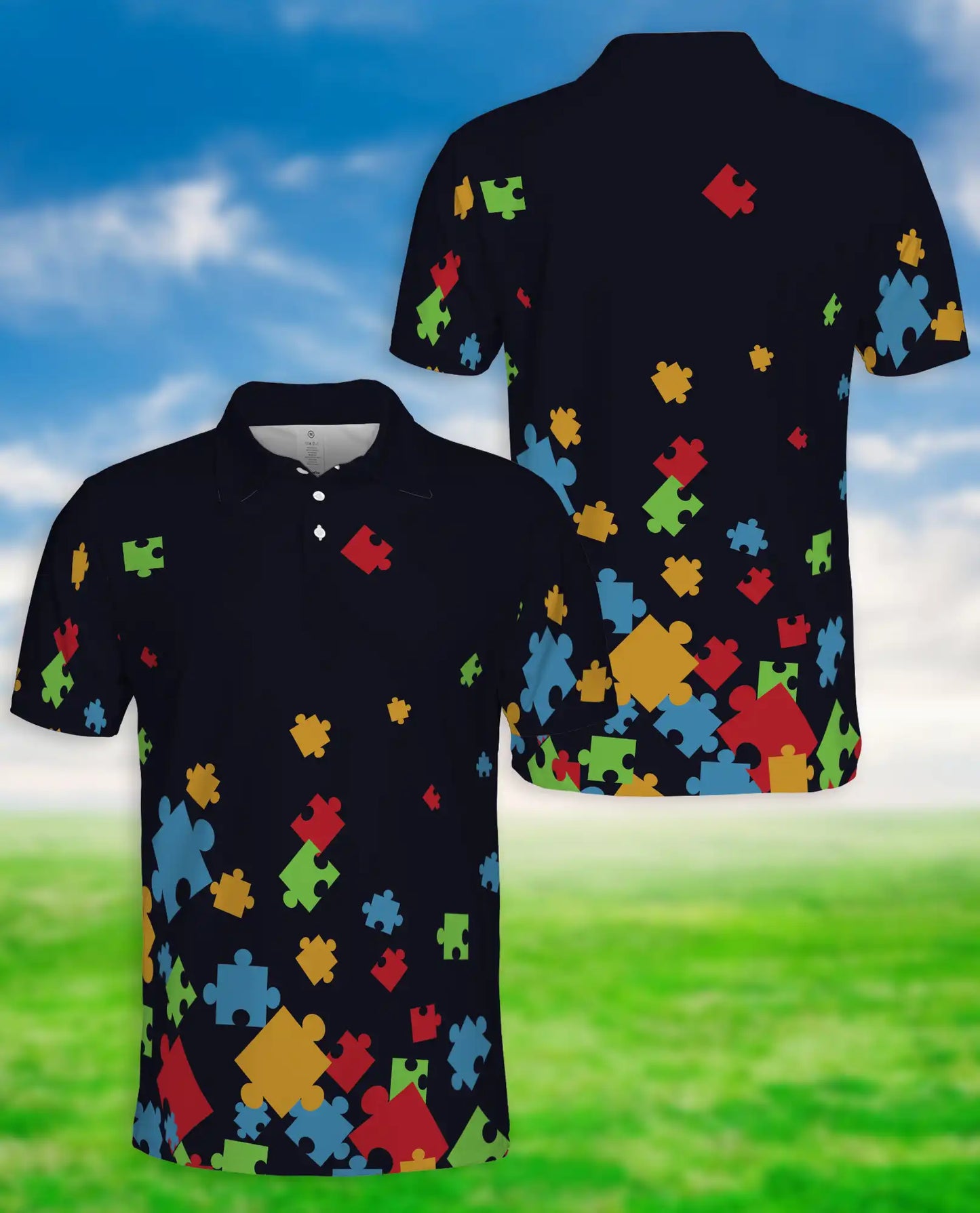 Puzzle Piece Polo Shirt, Colorful Abstract Print | Azhawaiian