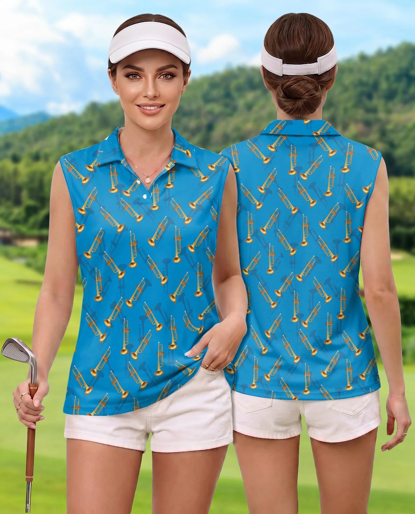 Trombone Pattern Sleeveless Polo Shirt for Women | Azhawaiian