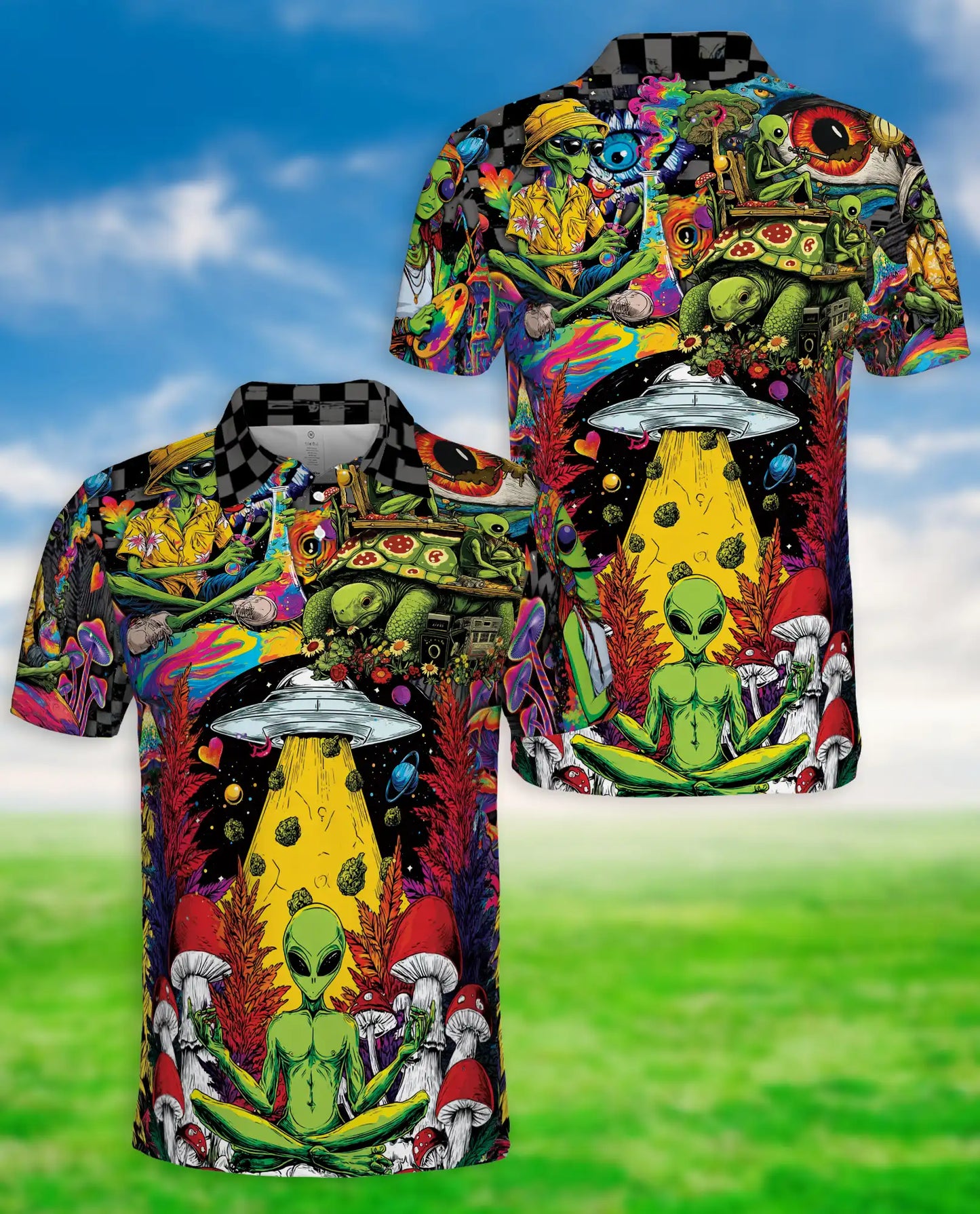Psychedelic Alien Polo Shirt, Cosmic UFO Hippie Style | Azhawaiian