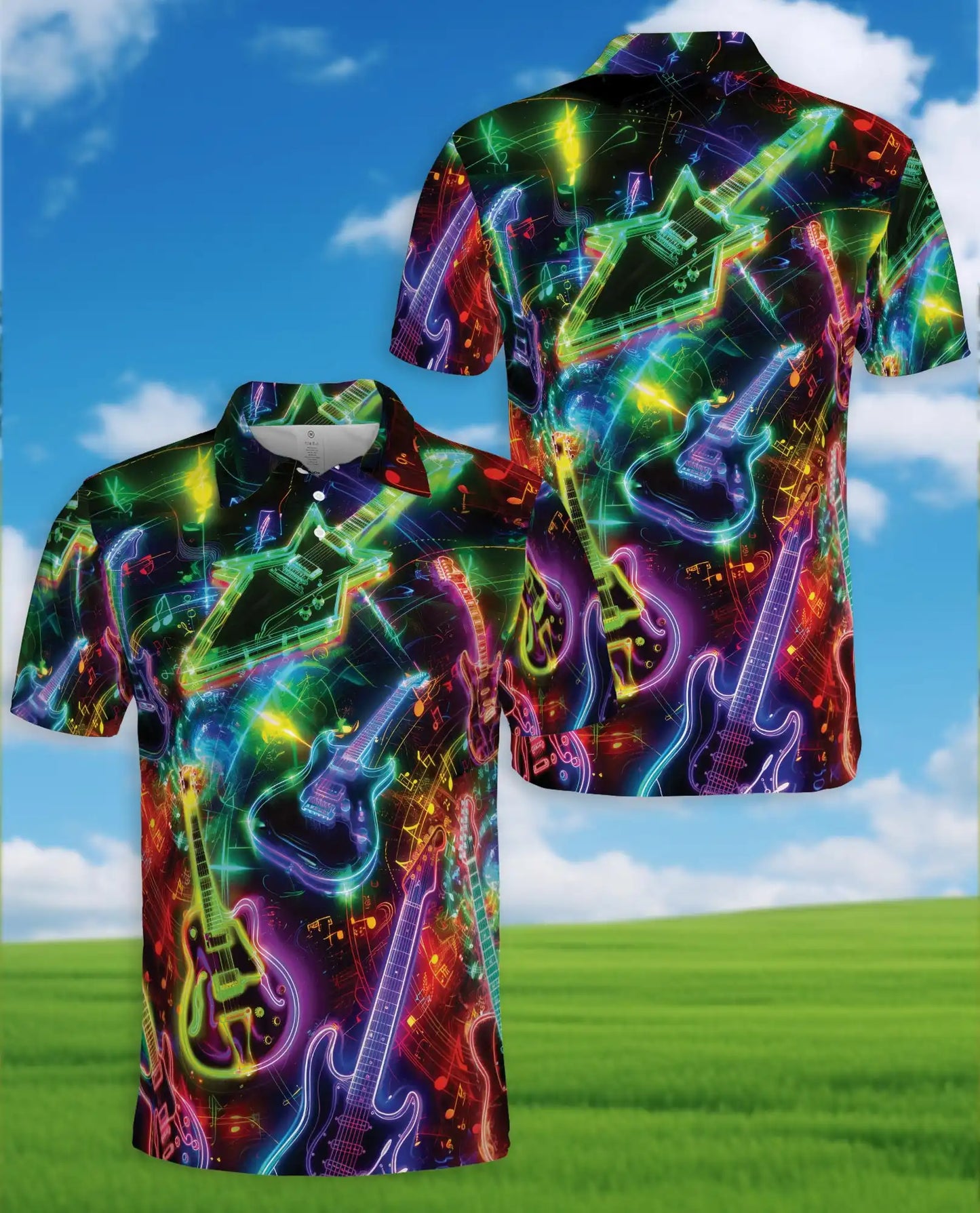 Neon Electric Guitar Rock Polo Shirt for Men | Azhawaiian