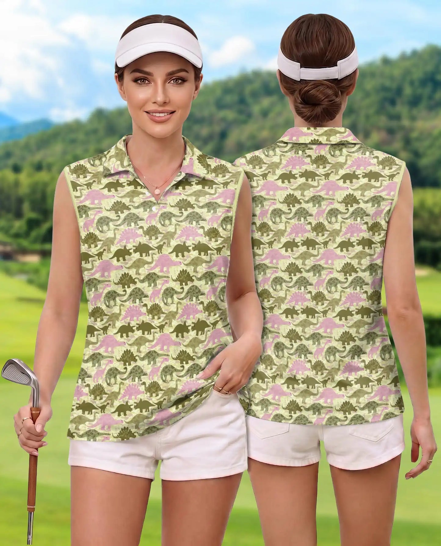 Cute Dinosaur Pattern Sleeveless Polo Shirt for Women | Azhawaiian