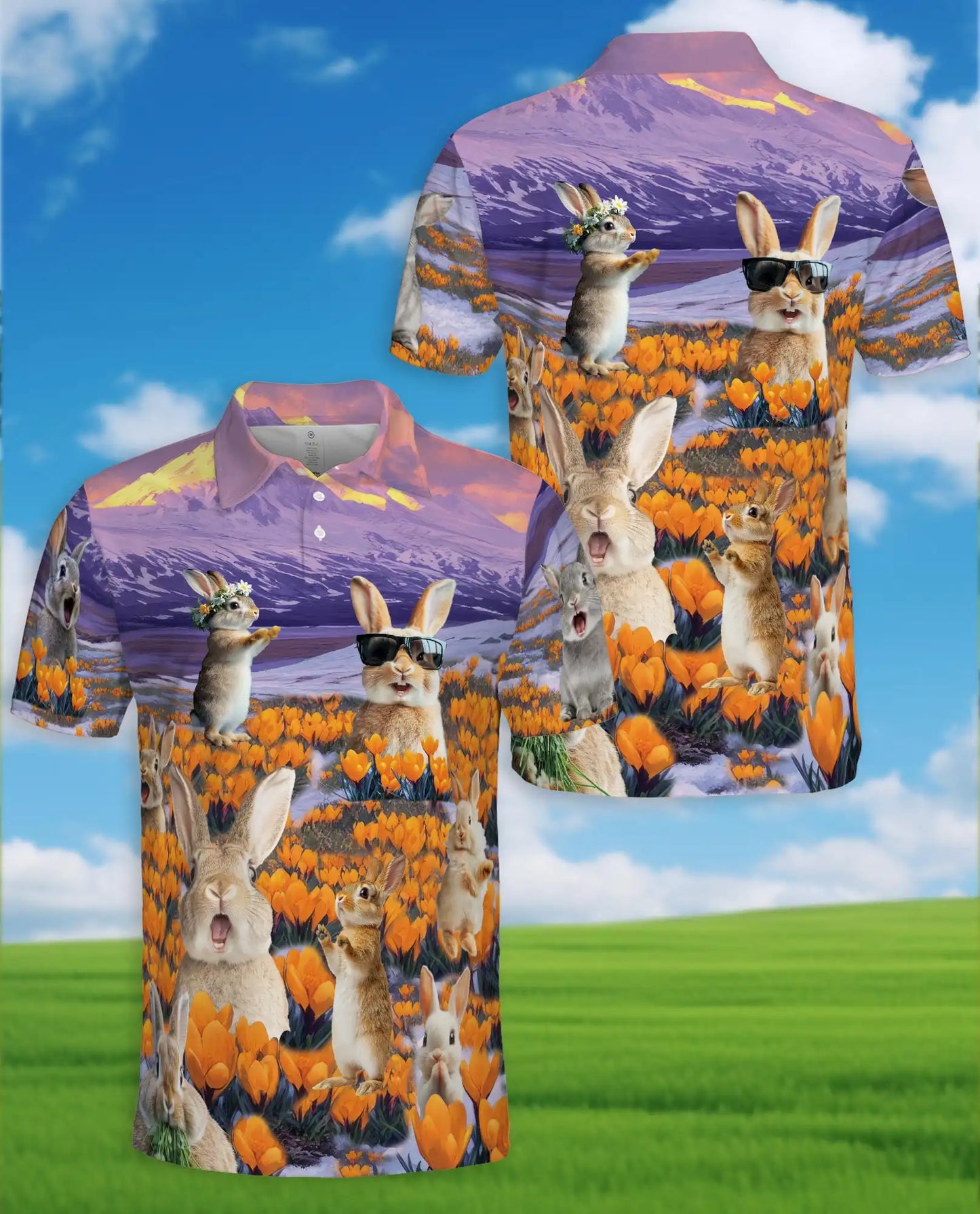 Rabbit Flower Field Polo Shirt, Cute Spring Style | Azhawaiian