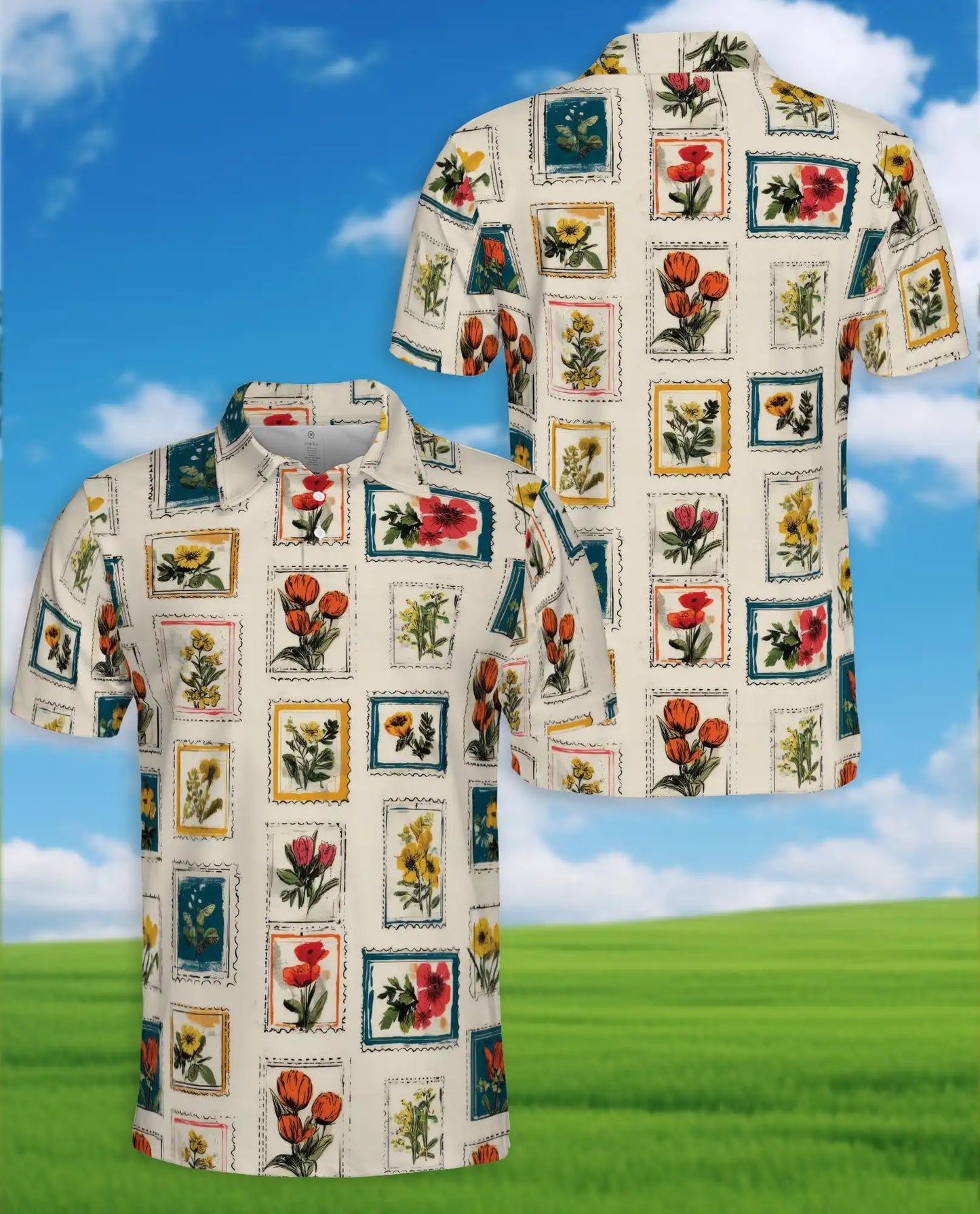 Floral Stamp Polo Shirt for Men, Vintage Botanical Style | Azhawaiian