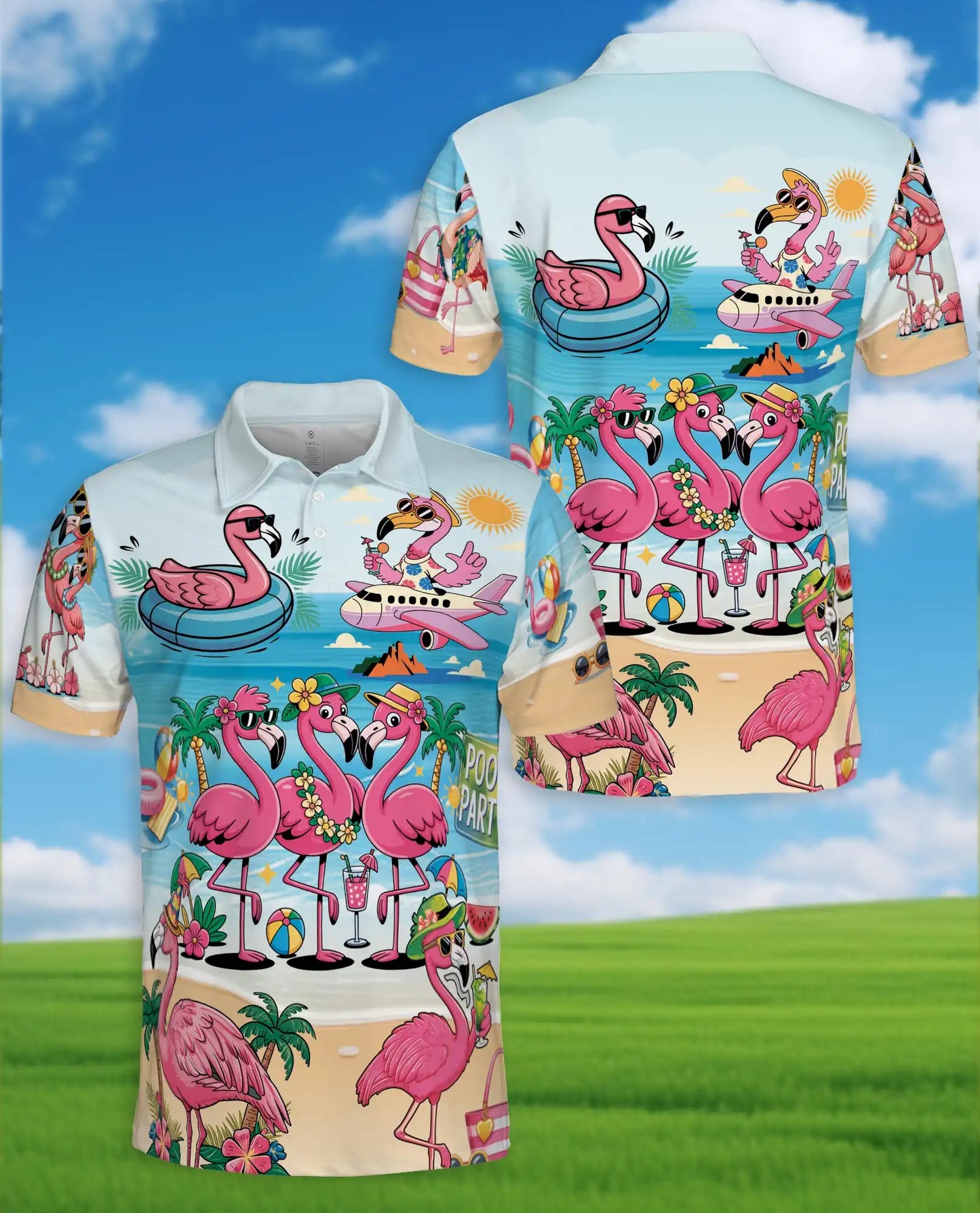 Flamingo Pool Party Polo Shirt for Men - Print Flamingo Party Shirt | Azhawaiian