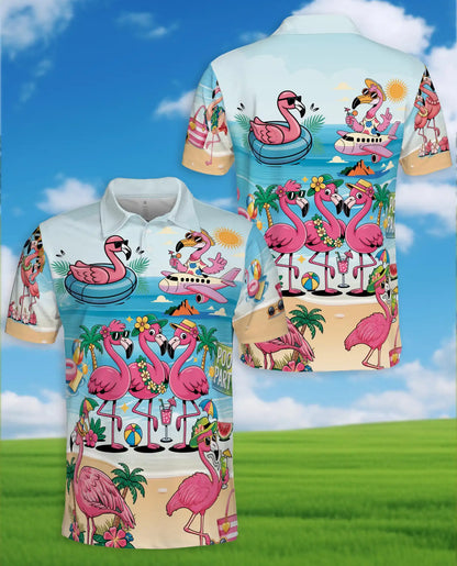 Flamingo Pool Party Polo Shirt for Men - Print Flamingo Party Shirt | Azhawaiian